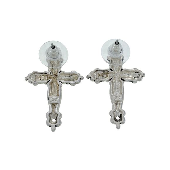 Vintage MJ Silver Tone Cross Design Pierced Earrings - Picture 2 of 5